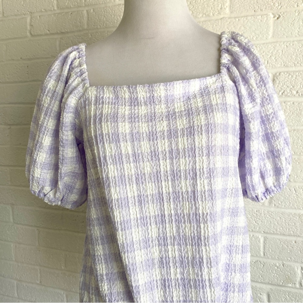 LOFT Blouse Purple Lavender Checkered Plaid Cottagecore XS Coastal Resort